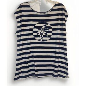 Tommy Bahama Womens Blue White Seaport Stripe Palm Embell T-Shirt Top Sz M NEW
